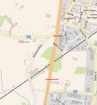 Karta. Kartbild över avstängningen av E22 vid järnvägsövergången i Oknebäck