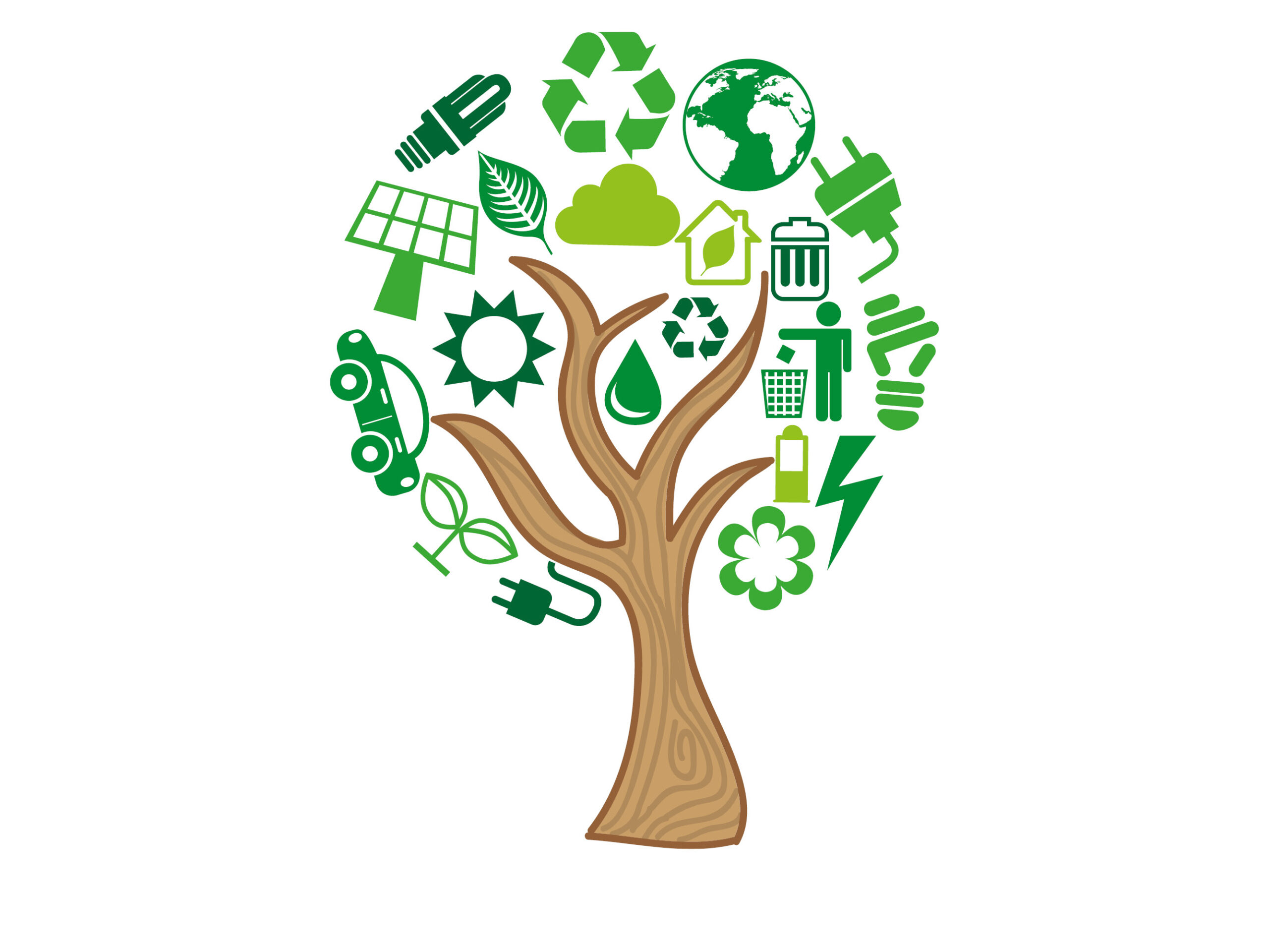 Illustration. Ett träd med symboler istället för löv. Symbolerna representerar olika delar i energi och klimatrådgivning och innehåller bland annat symboler för solpaneler, elkontakter, vattendroppar, batterier och växter.