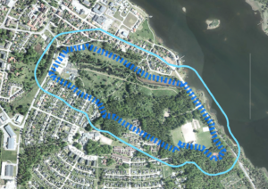 Kartbild över området Muddern. Ljusblå markering för bostäder som får informationsutskick, mörkblå markering för förorenat område