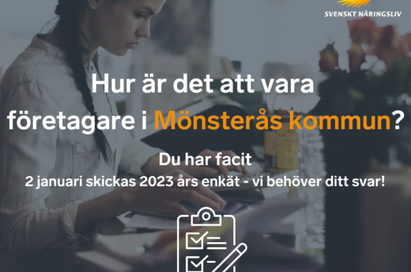 Texten Hur är det att vara företagare i Mönsterås kommun, över ett gråtonat foto på en kvinna som läser en bok. Högst upp syns Svenskt näringslivs logotyp.