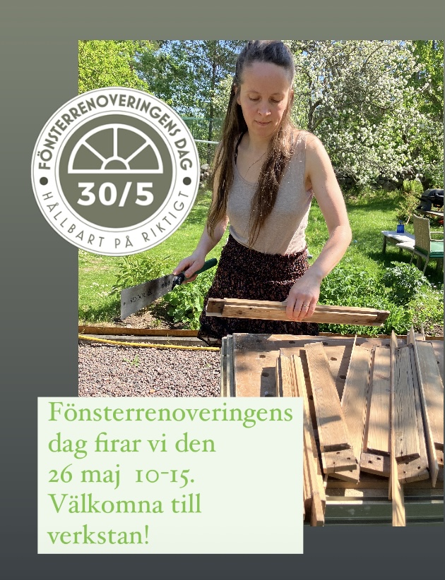 Lovisa Cederlöf renoverar fönster utomhus.