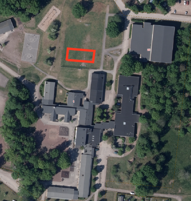 Kartbild placering av paviljonger på Krungårdsskolan.