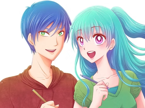 Kille och tjej med blått hår, mangateckning av Elise Rosberg.