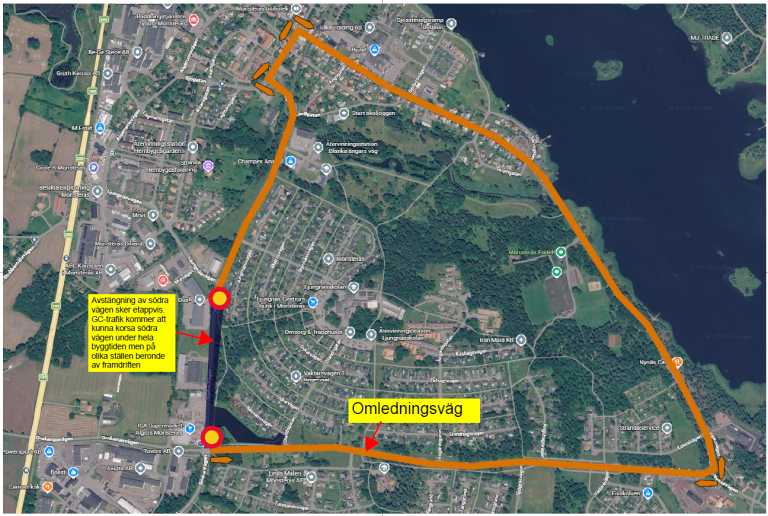 Karta över omledning av trafik under byggtiden på Södra vägen